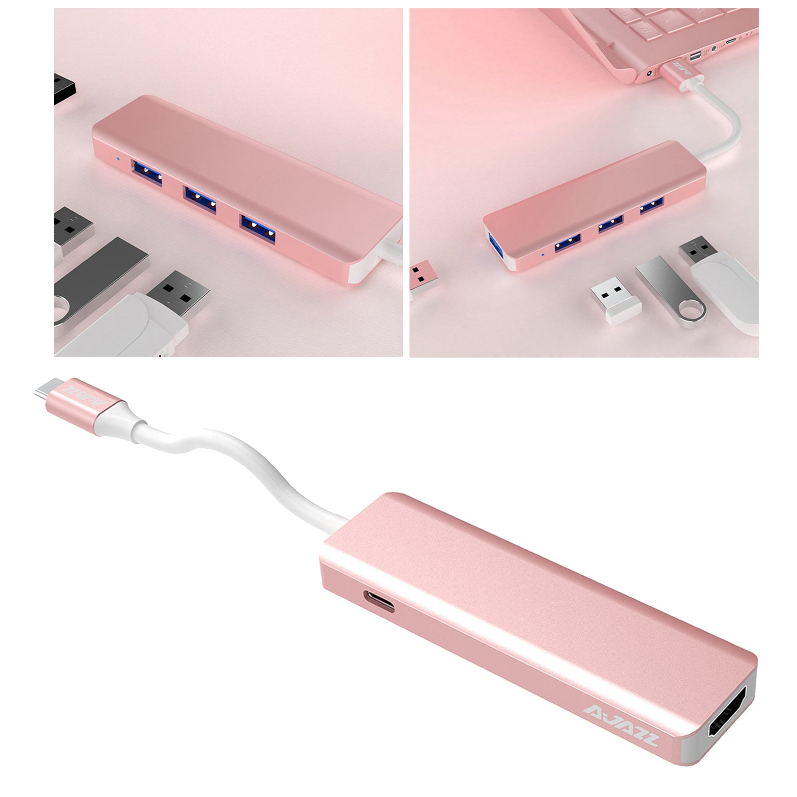 USB C HUB USB 3.0 Hub 4K HDMI Adapter 100W USB-C PD Charger AT101HP Pink