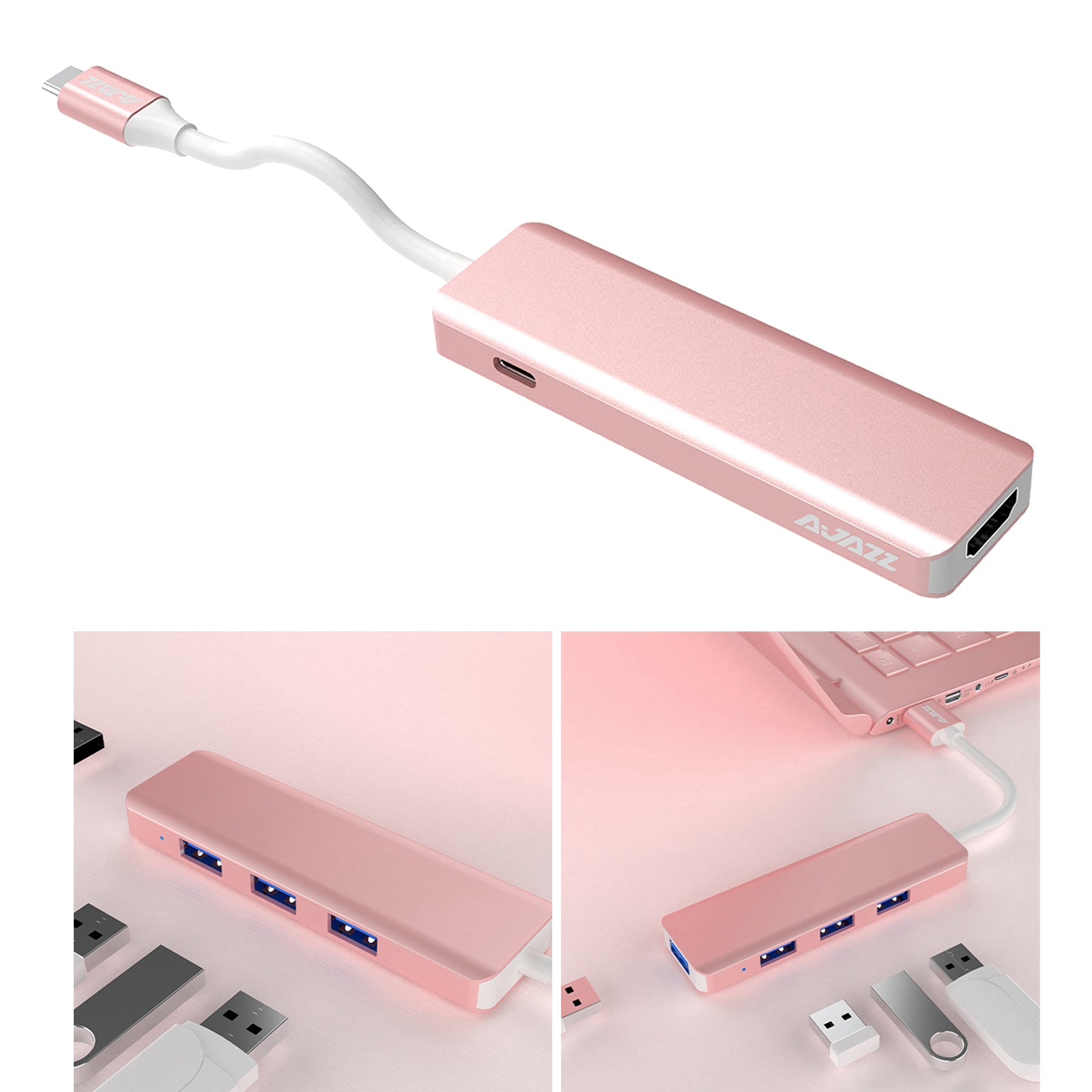 USB C HUB USB 3.0 Hub 4K HDMI Adapter 100W USB-C PD Charger AT101HP Pink