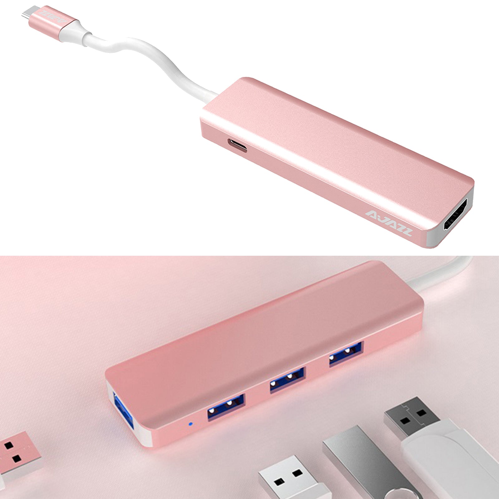 USB C HUB USB 3.0 Hub 4K HDMI Adapter 100W USB-C PD Charger AT101HP Pink