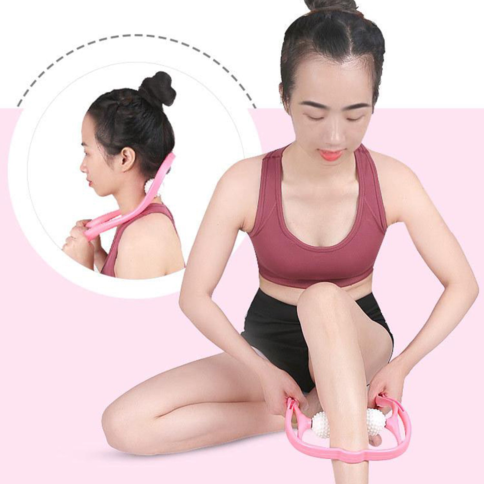 U-Shaped Handheld Neck Soreness Stress Relief Massager Anti-slip Handle Pink