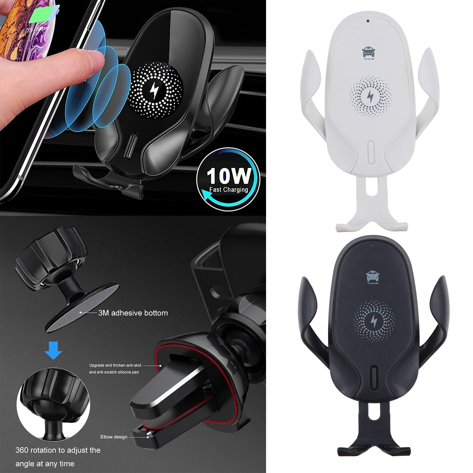 Wireless Car Charger 10W Qi Fast Charging Mount for iPhone/Samsung Black