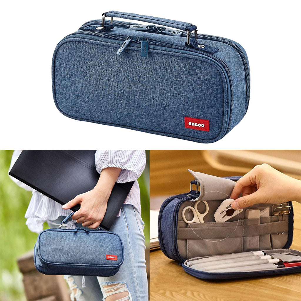 Large Pencil Case Double Zipper Pencil Case Pouch Organizer Denim Blue