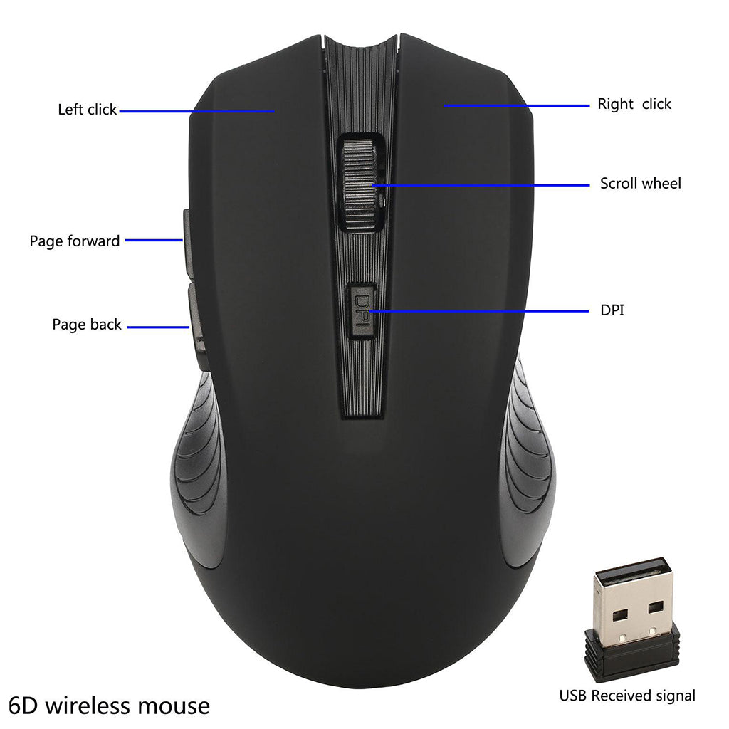 W7 6 Buttons 2.4G Wireless USB Mice Mouse for Windows Mac Computer Black