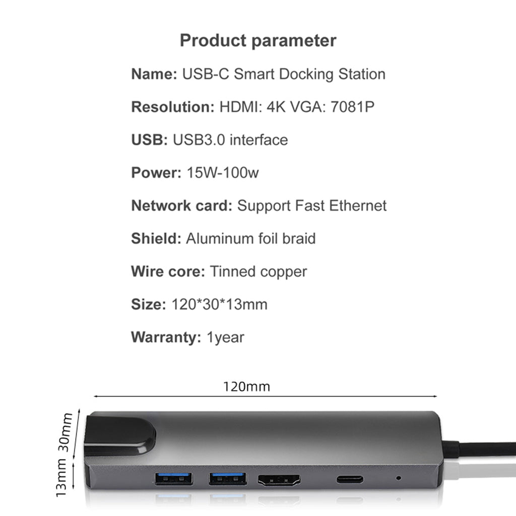 5 in1 Type C to USB 3.0 4K HDMI PD Fast Charge Ethernet Rj45 Lan Adapter