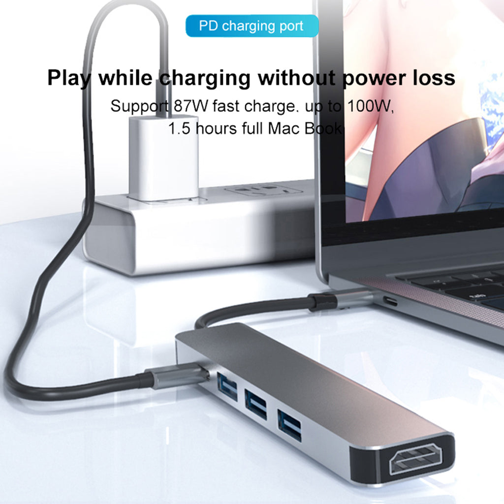 USB-C Hub Adapter 5-in-1 4K HDMI 3 USB 3.0 Ports 87W PD Charging for Laptop