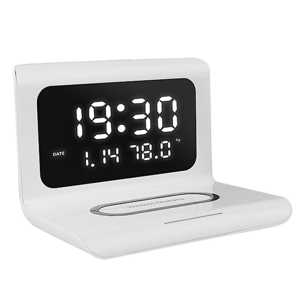 Multi-Function Alarm Clock Wireless Charger Modern Clock Thermometer White