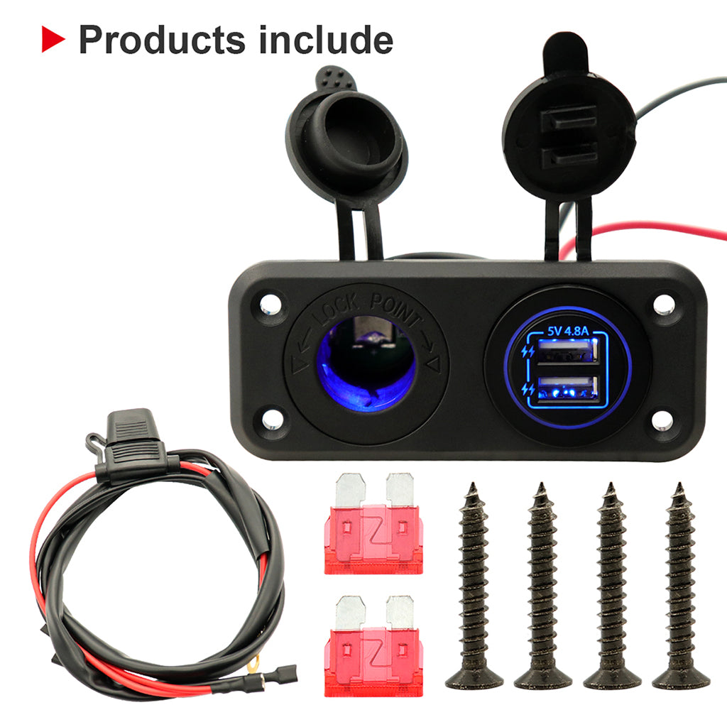 Car Motorcycle Dual USB Charger Socket Panel for 12-24V Boat Marine ATV RV