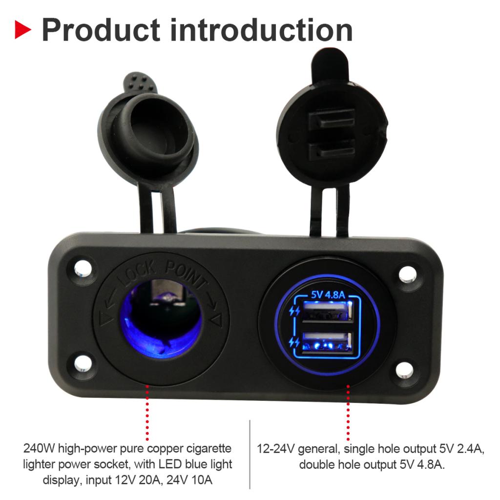 Car Motorcycle Dual USB Charger Socket Panel for 12-24V Boat Marine ATV RV