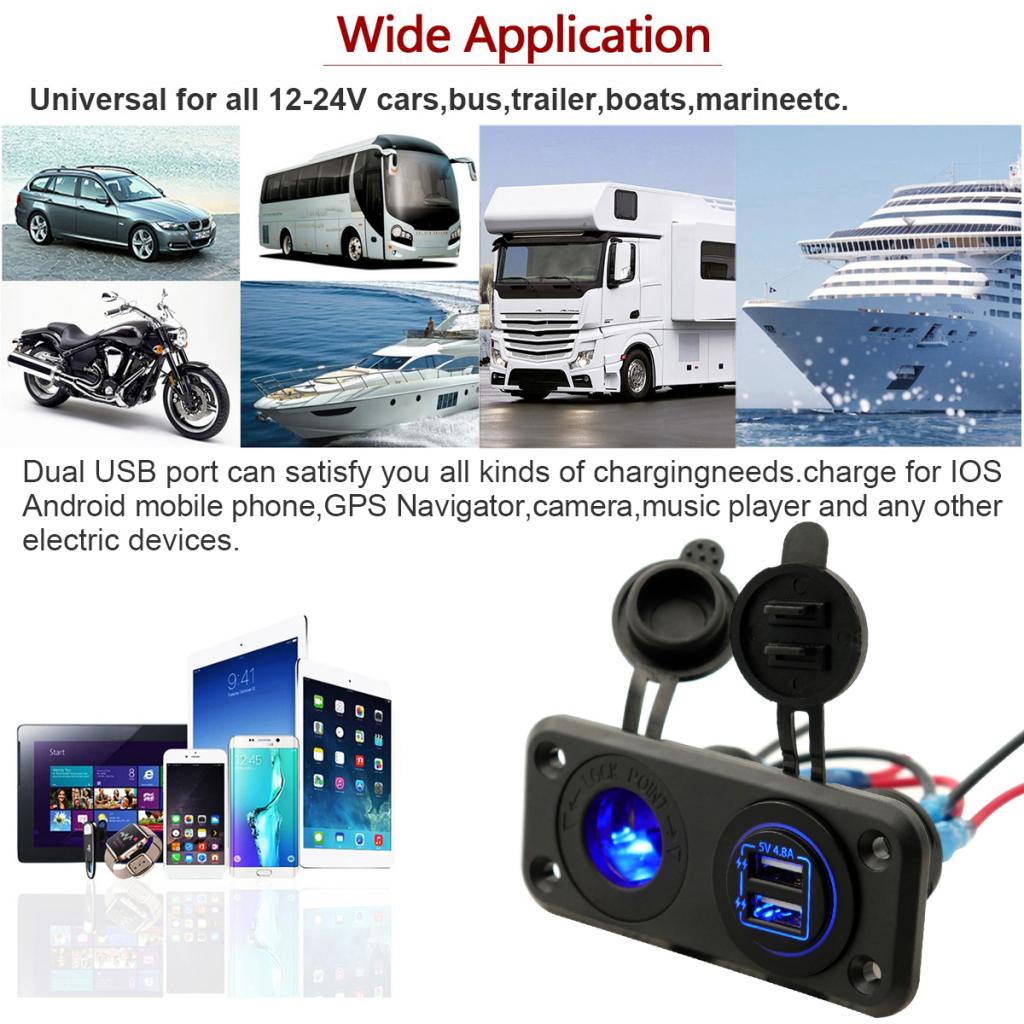 Car Motorcycle Dual USB Charger Socket Panel for 12-24V Boat Marine ATV RV