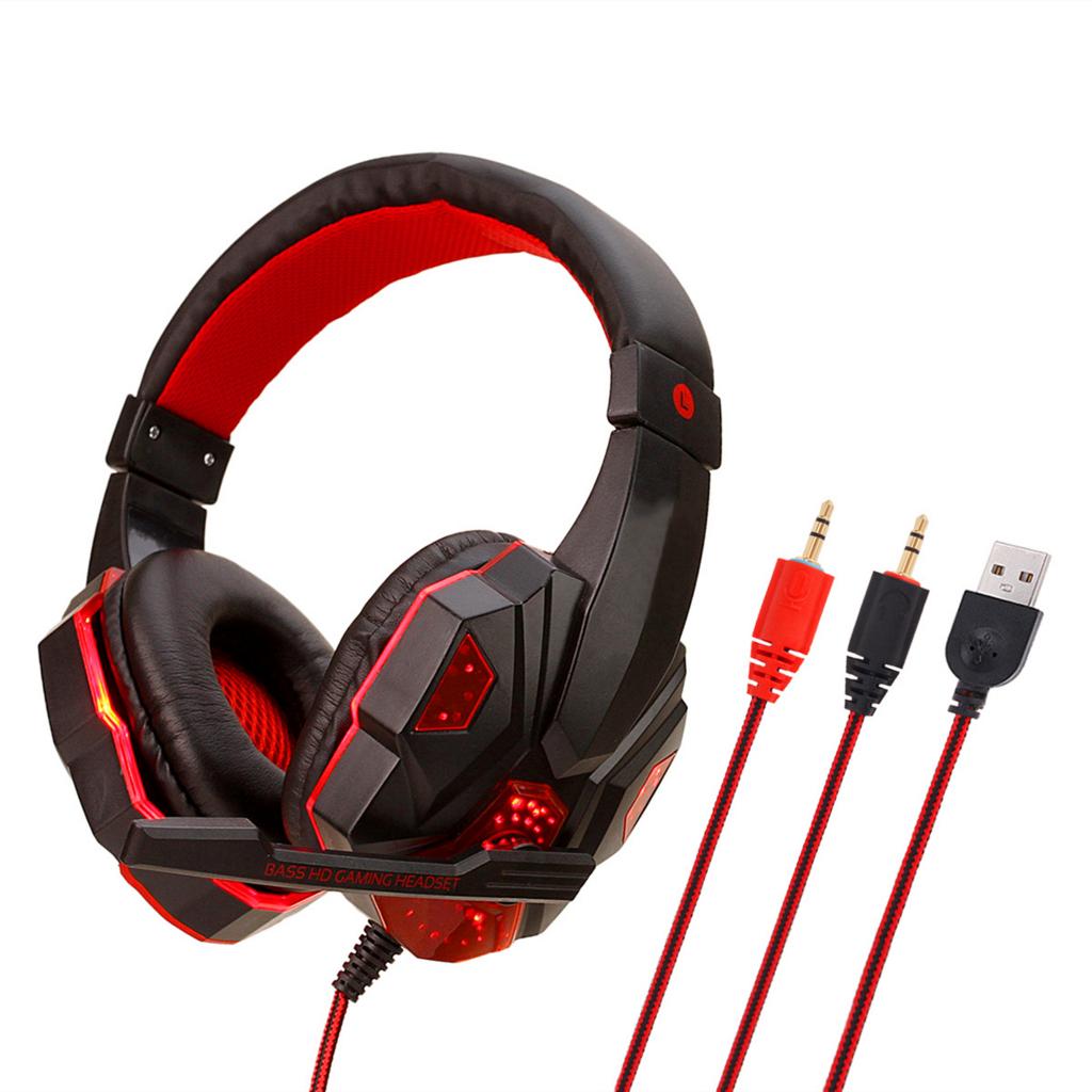 3.5mm Wired Game Gaming Headphones Earphones with Mic LED Light  black red