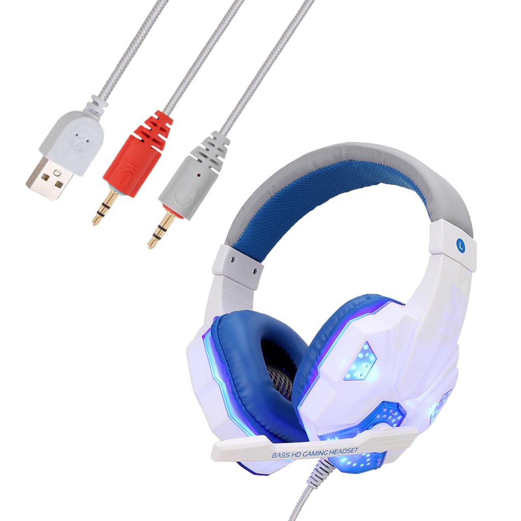 3.5mm Wired Game Gaming Headphones Earphones with Mic LED Light  white blue