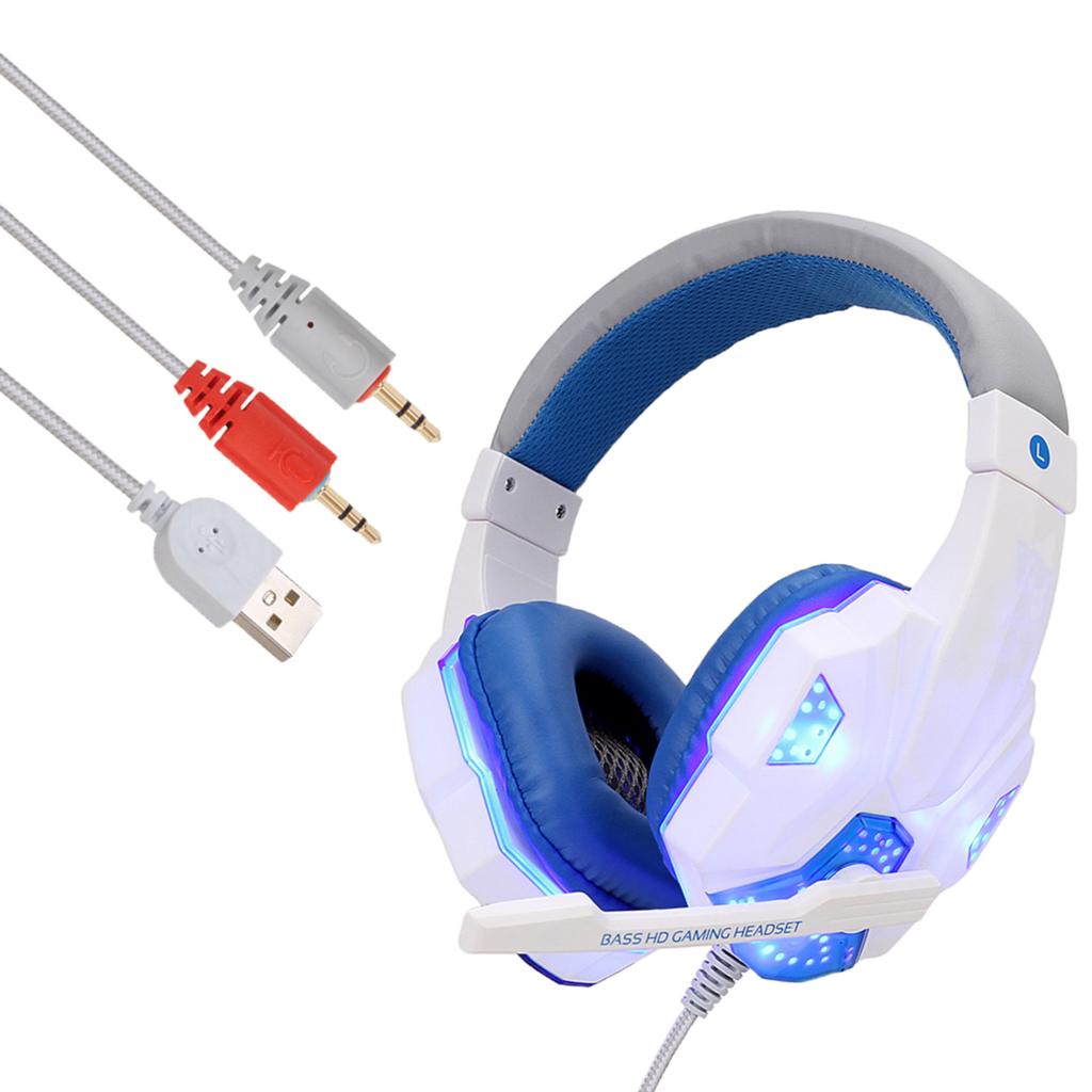 3.5mm Wired Game Gaming Headphones Earphones with Mic LED Light  white blue