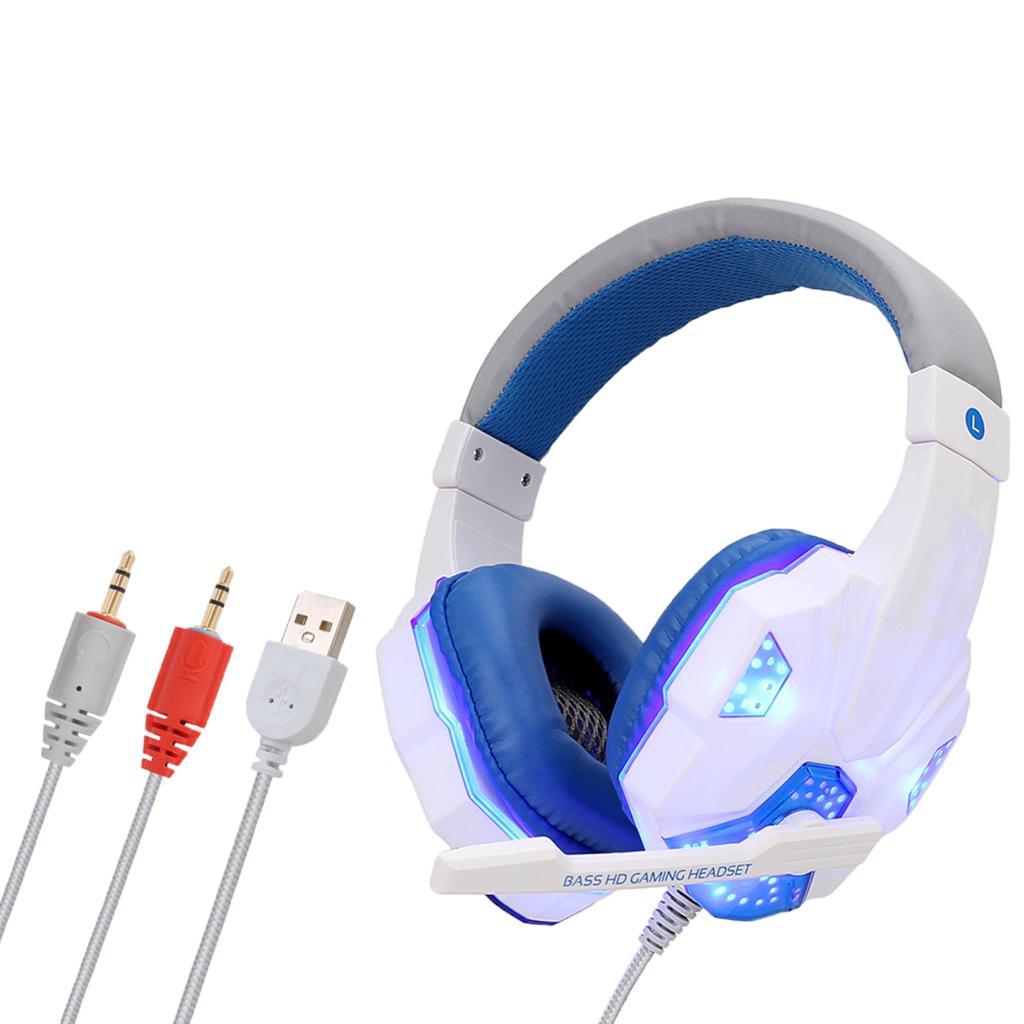 3.5mm Wired Game Gaming Headphones Earphones with Mic LED Light  white blue