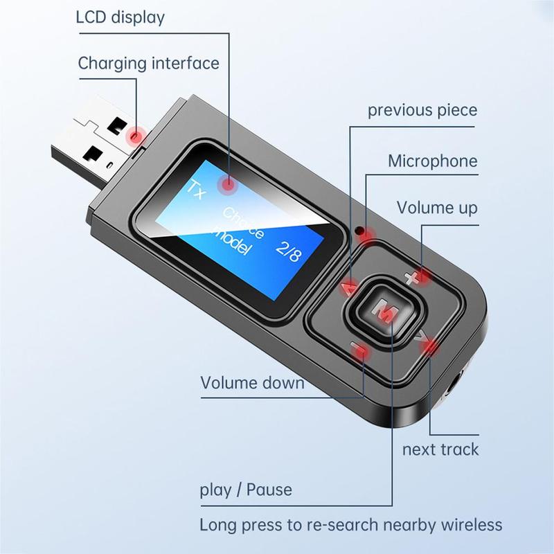 3in1 T12 USB Bluetooth 5.0 Audio Transmitter Receiver with LCD Mic for PC TV