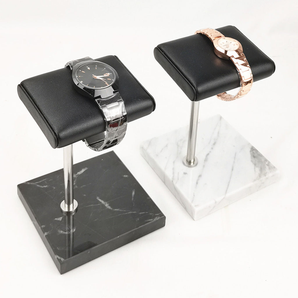 Marble & PU Watch Holder Stand for Display Black Marble Base + Silver Stand