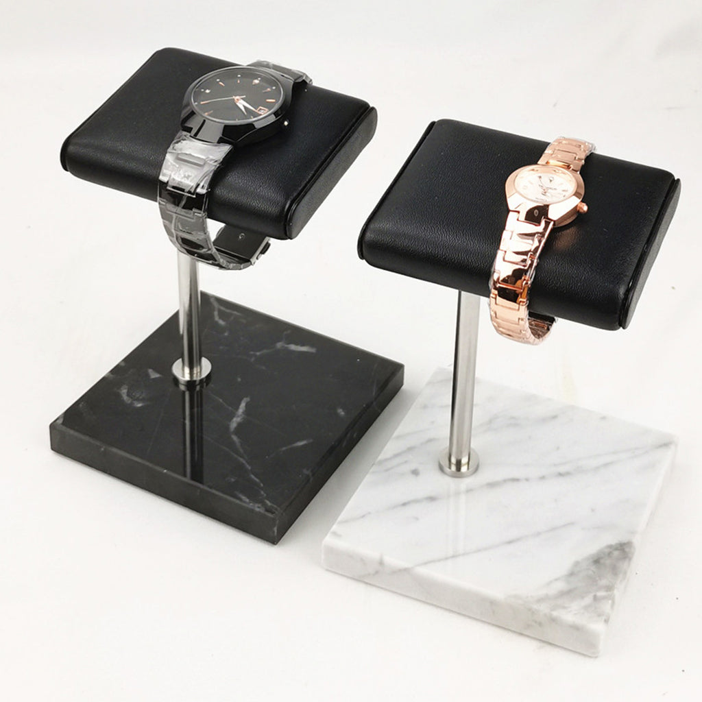 Marble & PU Watch Holder Stand for Display Black Marble Base + Silver Stand