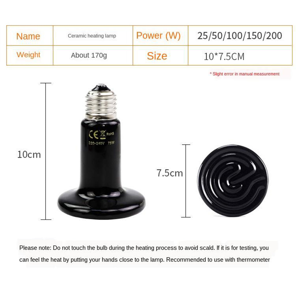 E27 Reptile Heating Lamp Bulb 25-200W Ceramic Heater 100W