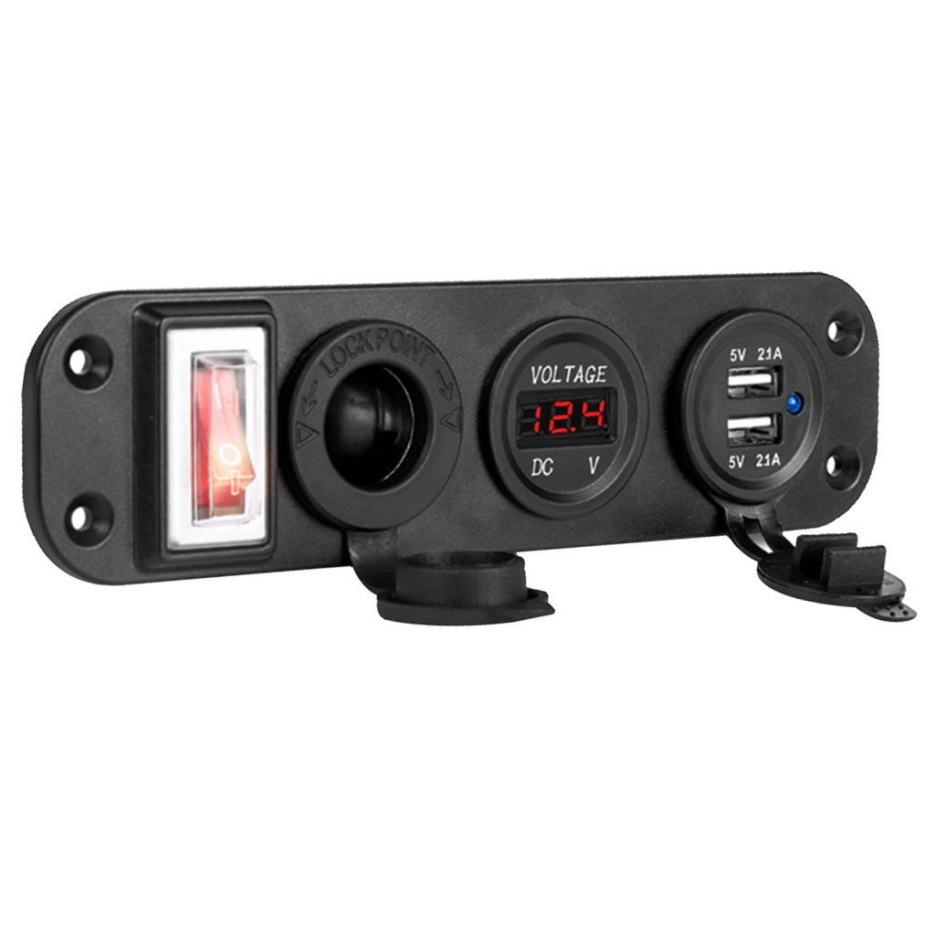 12V/24V Dual USB Socket Charger LED Voltmeter On-Off Switch Panel Red