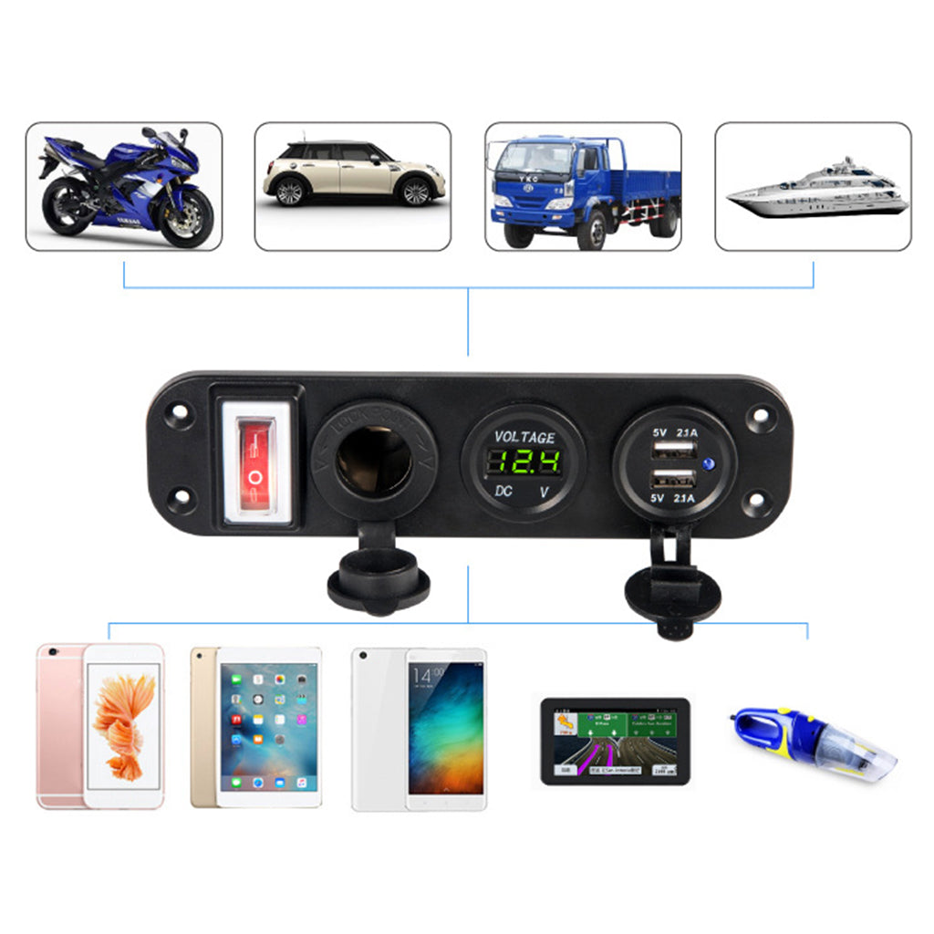 12V/24V Dual USB Socket Charger LED Voltmeter On-Off Switch Panel Green