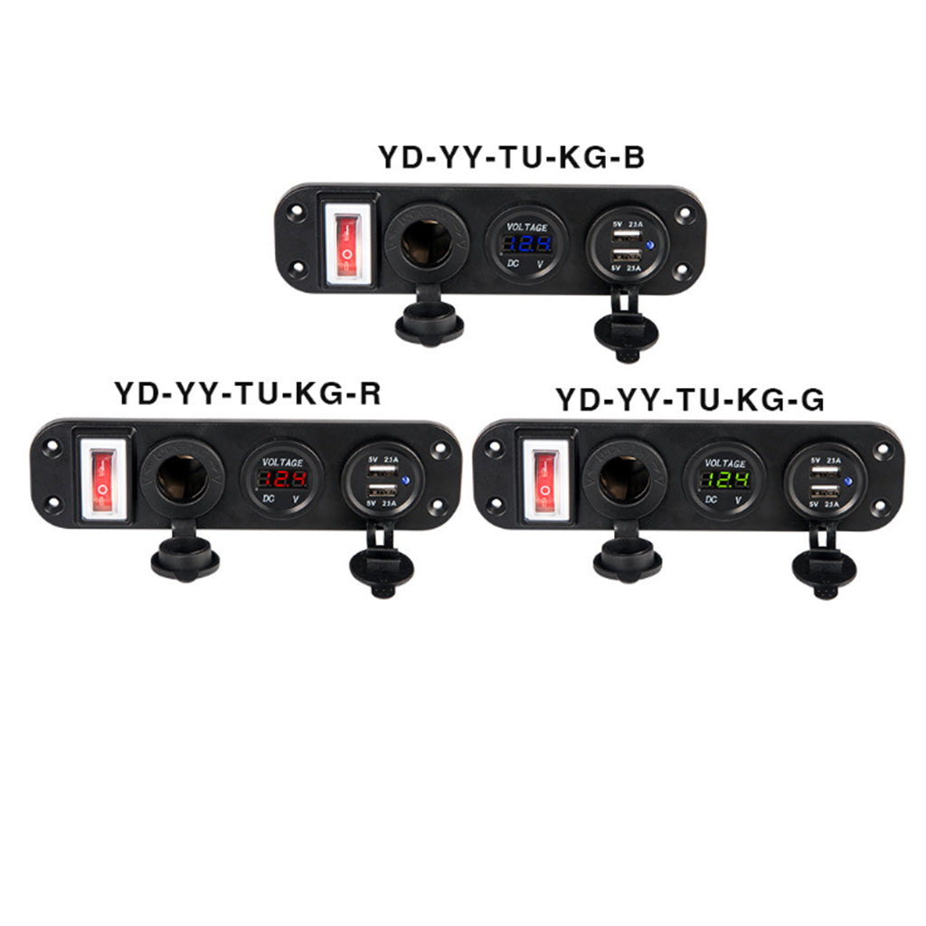 12V/24V Dual USB Socket Charger LED Voltmeter On-Off Switch Panel Green