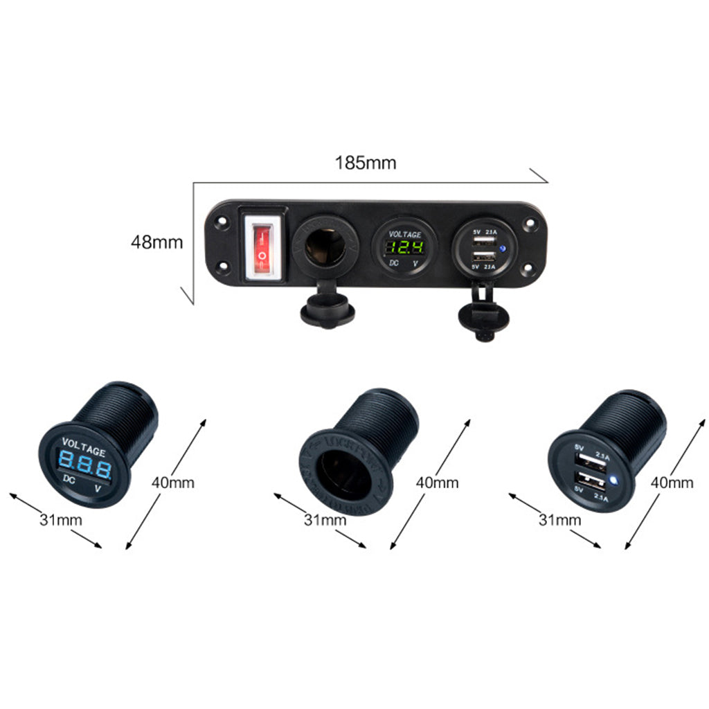 12V/24V Dual USB Socket Charger LED Voltmeter On-Off Switch Panel Green