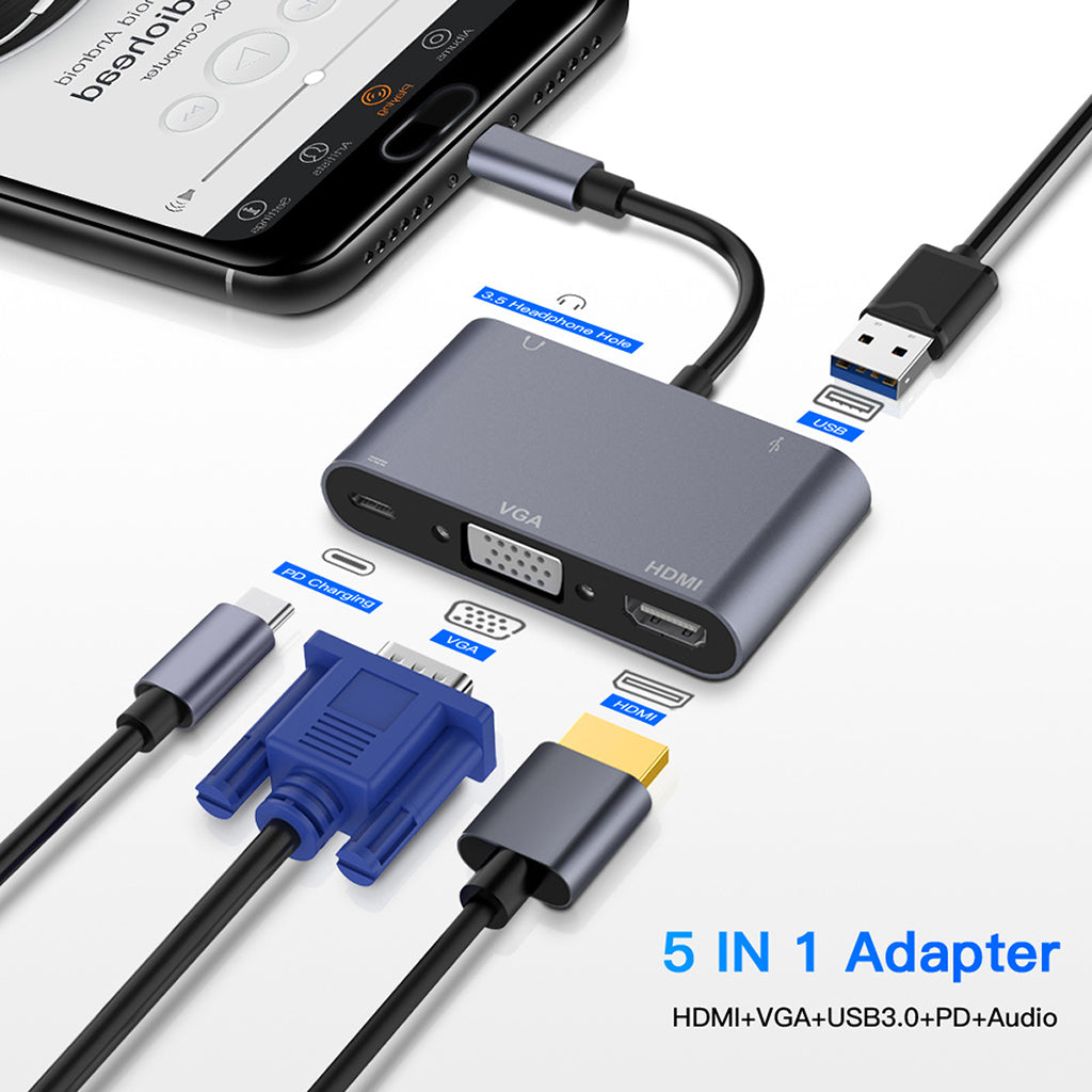 5in1 USB C Hub Type C to 4K HDMI USB 3.0 2.0 PD VGA Port Adapter Converter