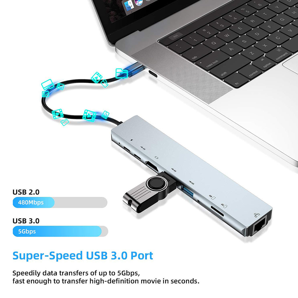 Aluminum Multifunction USB Type-C 8 in 1 HDMI Hub Adapter Card Reader Silver