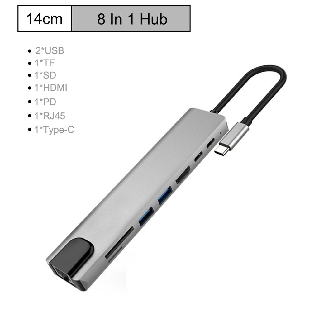 Aluminum Multifunction USB Type-C 8 in 1 HDMI Hub Adapter Card Reader Silver