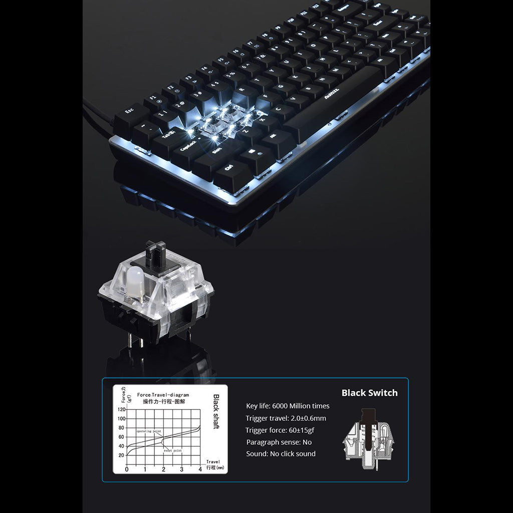 AJAZZ Mechanical Keyboard Portable 82 Keys Blue Switches-Black-White Light