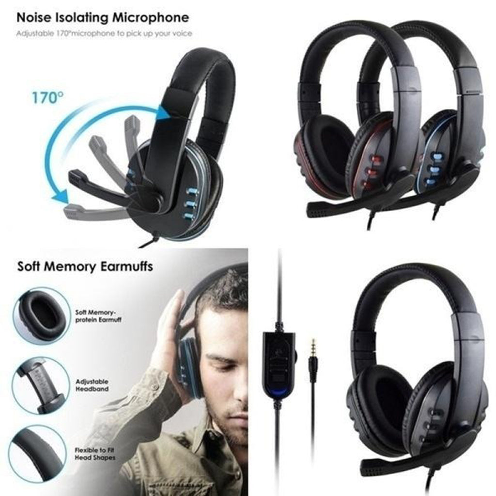 Wired 3.5mm Gaming Headset Headphone Adjustable Headhand Mic Speaker Black+Blue