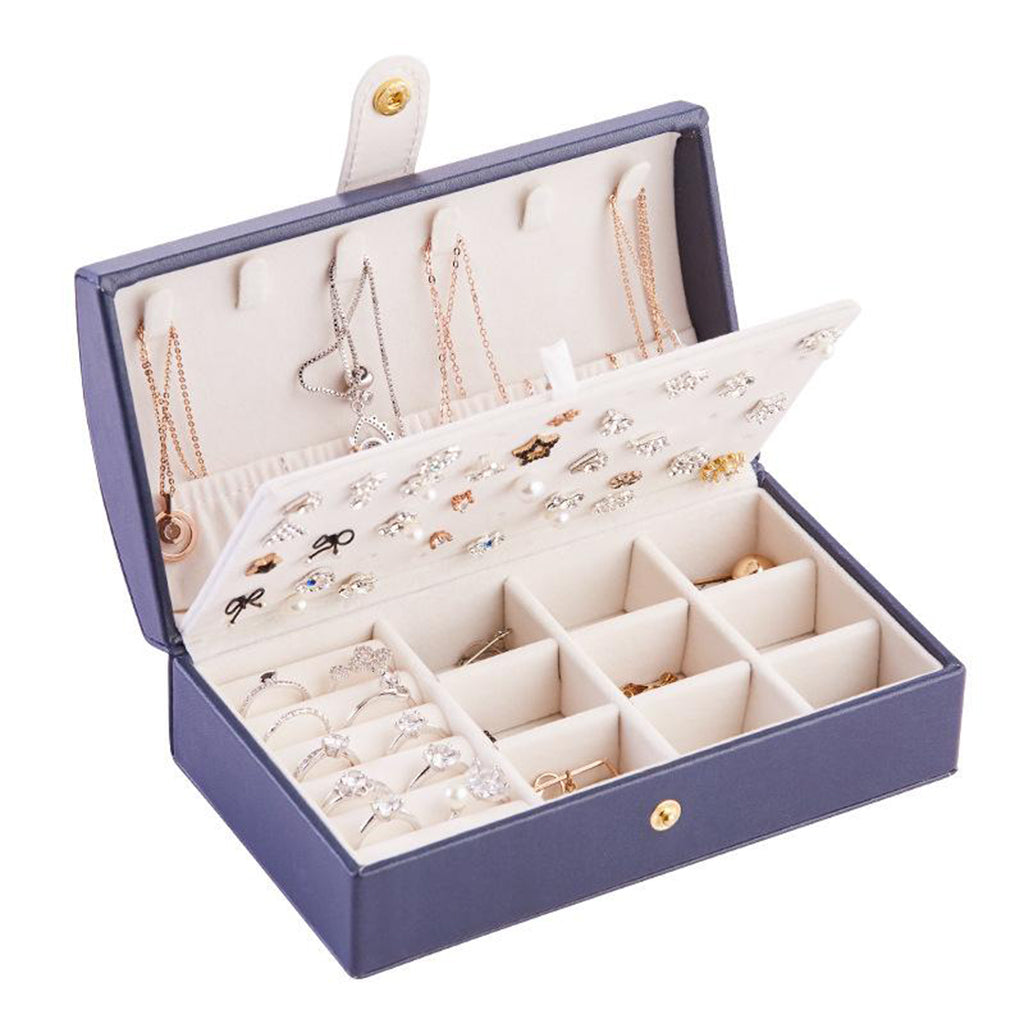 Travel Jewelry Box Organizer for Necklace Ring Ear Studs 2 Layer Dark Blue