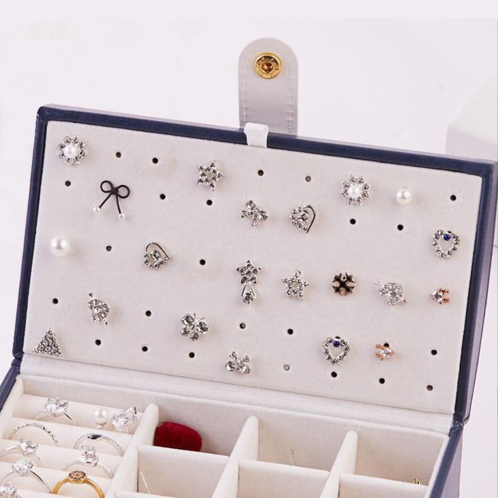 Travel Jewelry Box Organizer for Necklace Ring Ear Studs 2 Layer Dark Blue