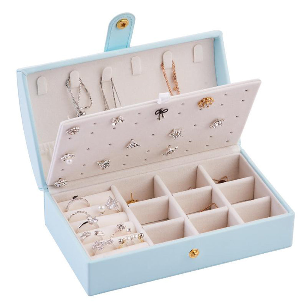 Travel Jewelry Box Organizer for Necklace Ring Ear Studs 2 Layer Light Blue