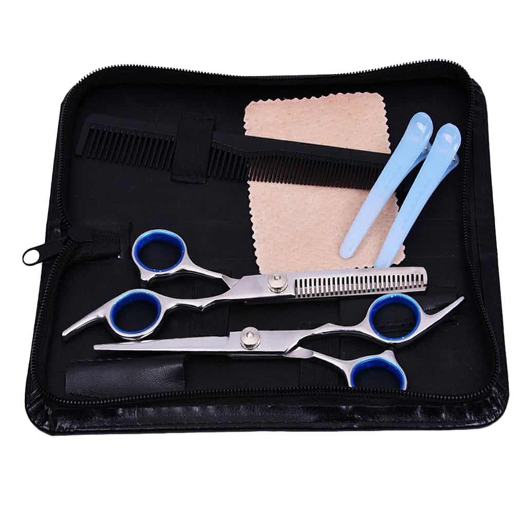 Hairdressing Scissors Thinning Hair Cutting Shears Comb Clamp Set +Case Blue