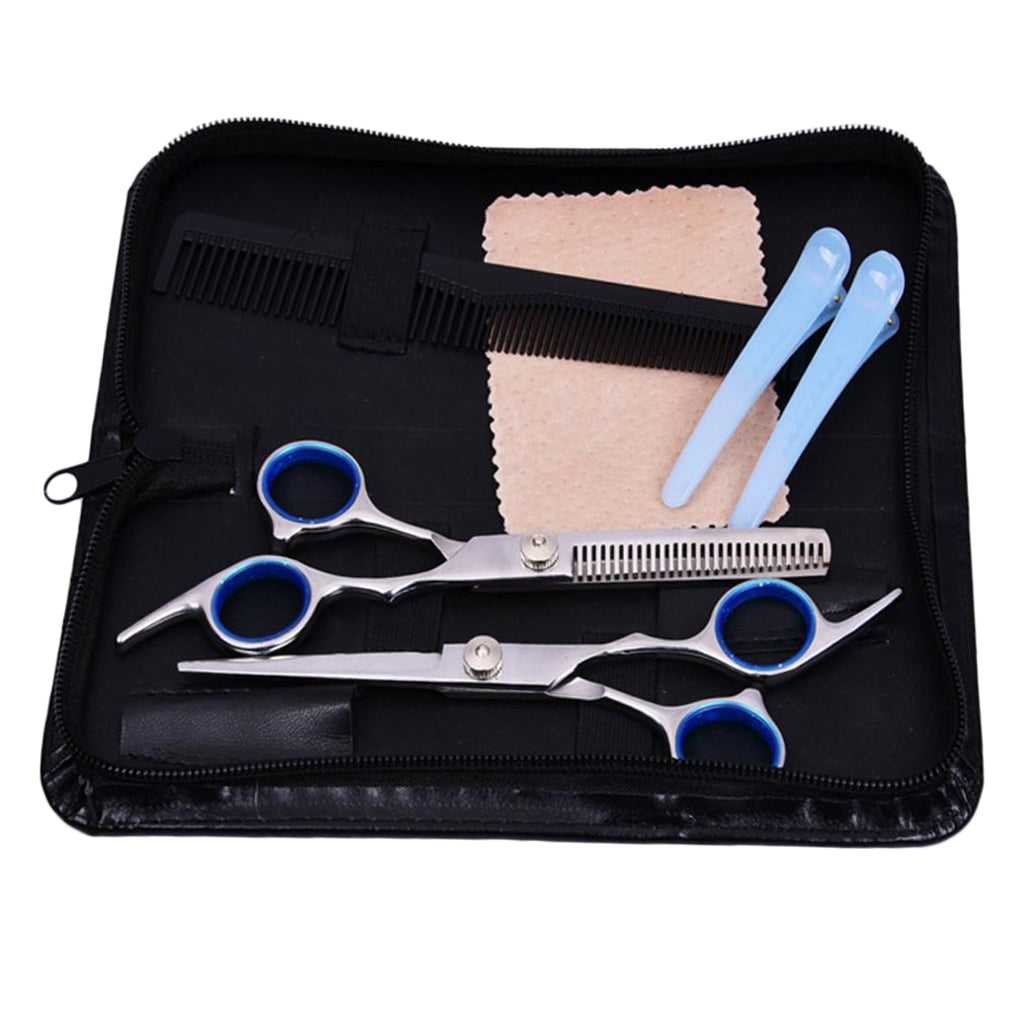 Hairdressing Scissors Thinning Hair Cutting Shears Comb Clamp Set +Case Blue