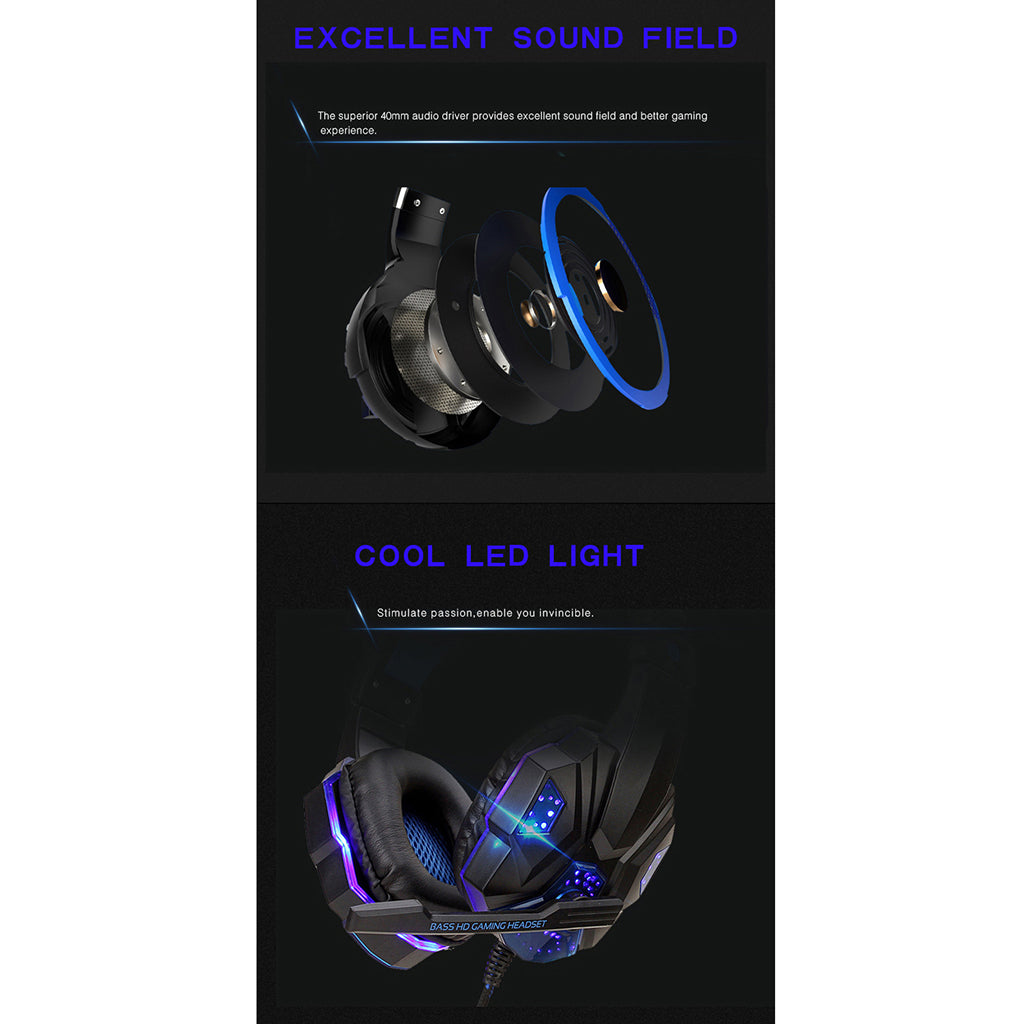 Wired Head-mounted Gaming Headset with Mic and LED Light Black Blue