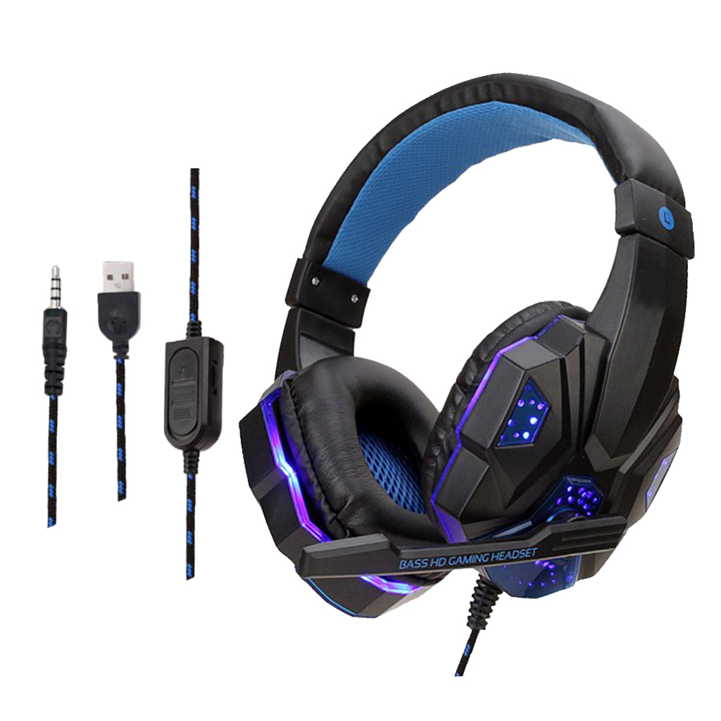 Wired Head-mounted Gaming Headset with Mic and LED Light Black Blue