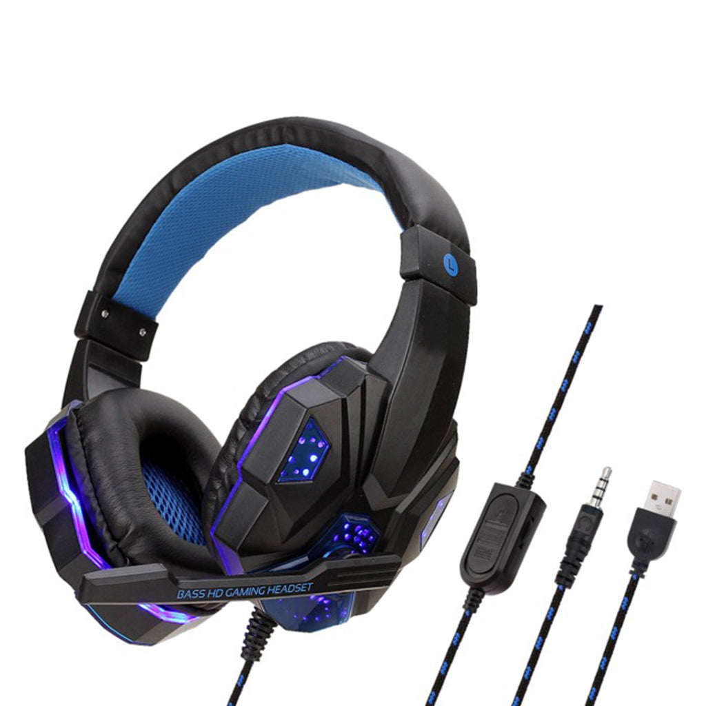 Wired Head-mounted Gaming Headset with Mic and LED Light Black Blue