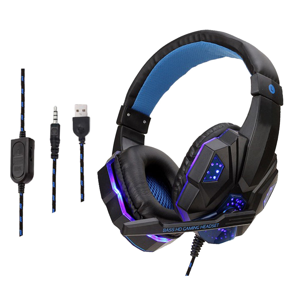 Wired Head-mounted Gaming Headset with Mic and LED Light Black Blue