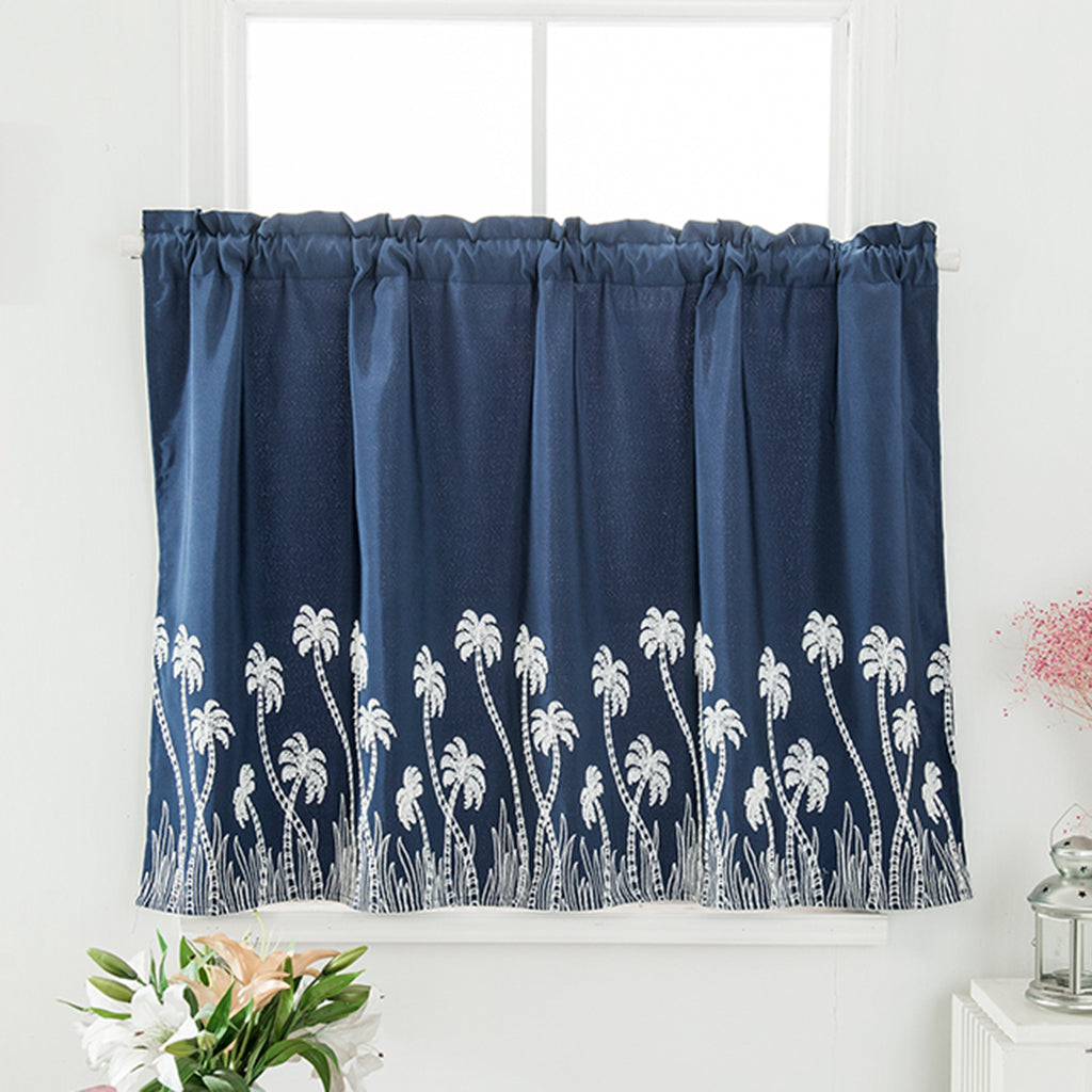 Embroidered Lace Window Voile Sheer Curtain Valance Tiers Blue_90x90cm