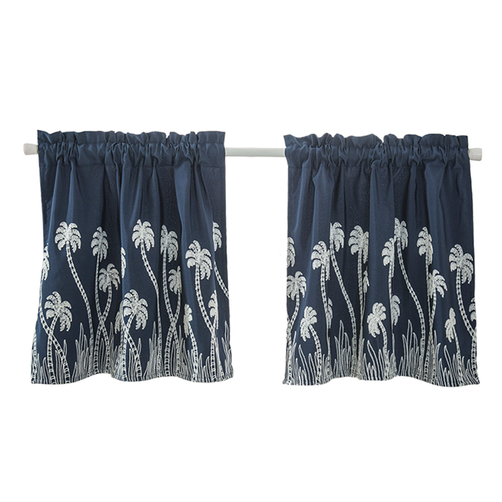 Embroidered Lace Window Voile Sheer Curtain Valance Tiers Blue_90x90cm