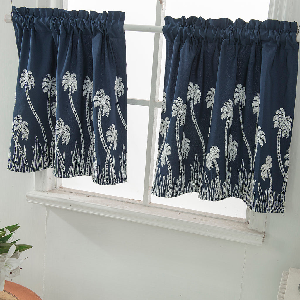 Embroidered Lace Window Voile Sheer Curtain Valance Tiers Blue_90x90cm