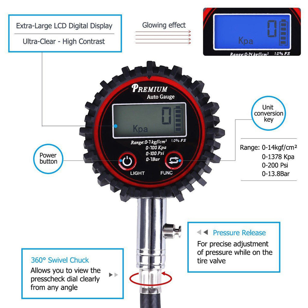 LCD Digital Tire Air Pressure Gauge 100 PSI High Accuracy for Car Motorcycle