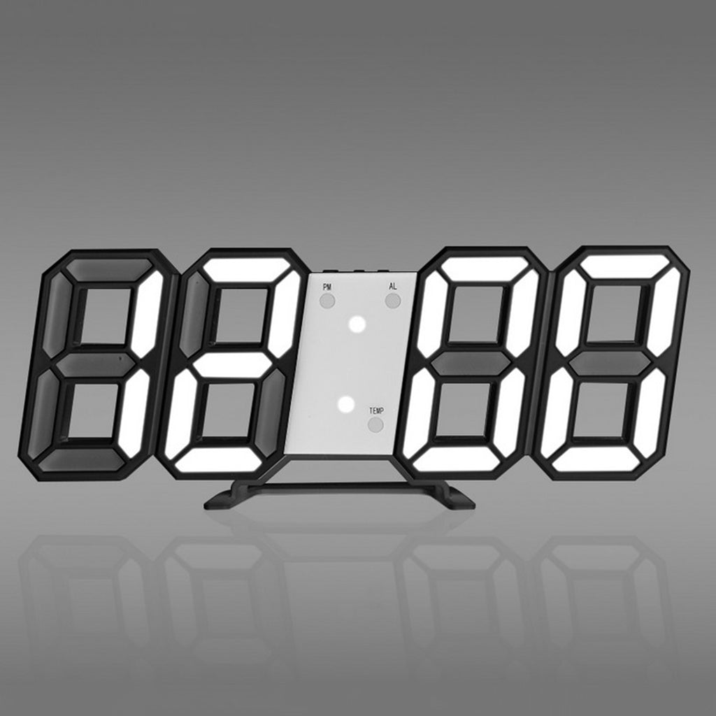 Digital 3D LED Wall Clock Alarm Clock Snooze 12/24 Hour Display B_White