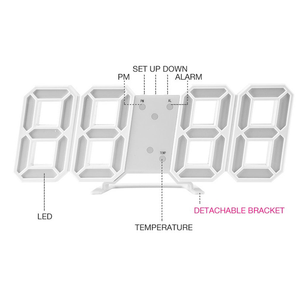 Digital 3D LED Wall Clock Alarm Clock Snooze 12/24 Hour Display W_White