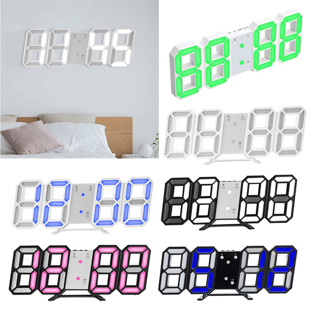 Digital 3D LED Wall Clock Alarm Clock Snooze 12/24 Hour Display W_White