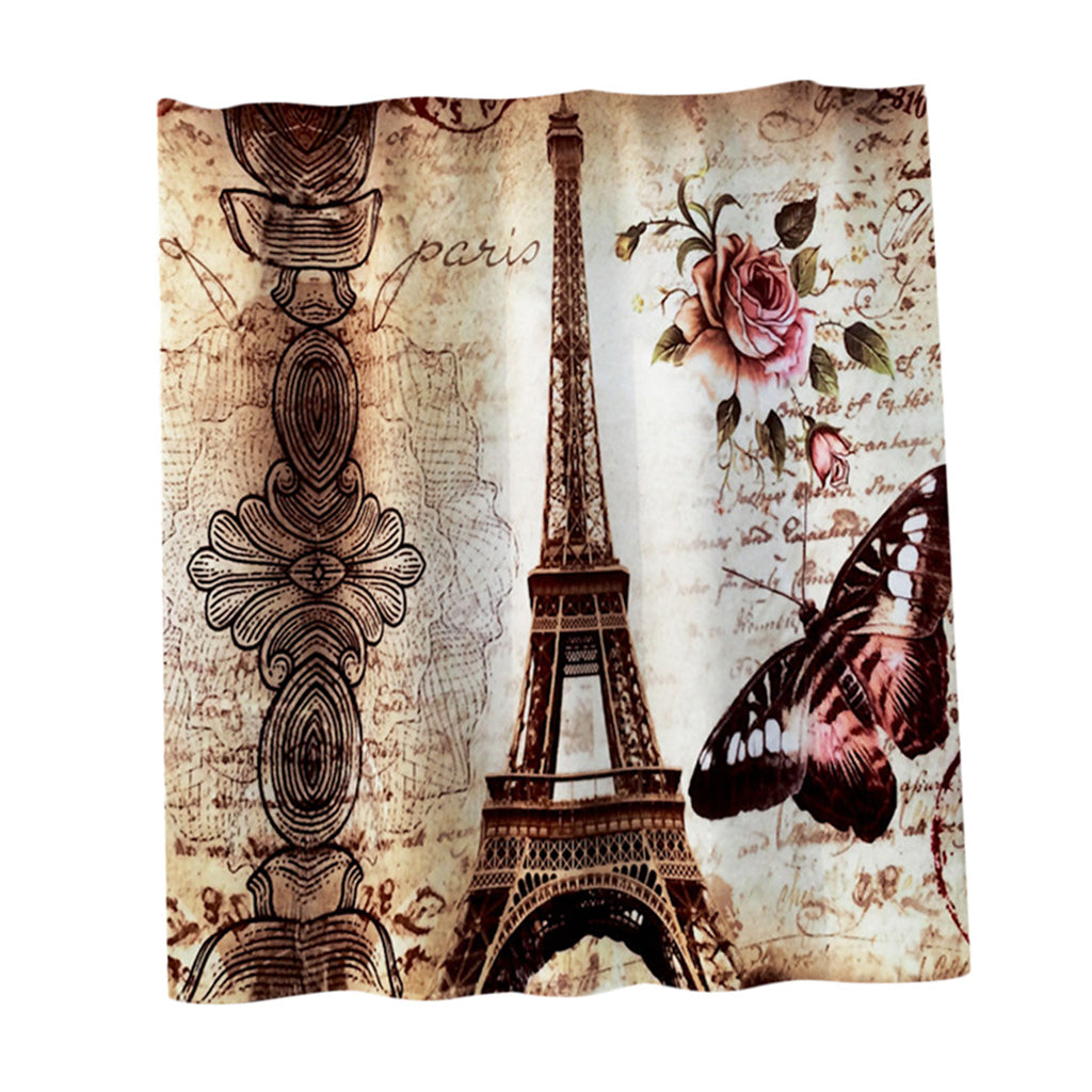 Bath Shower Curtain Bathroom Supply Eiffel Tower/Mountain Stream Print Brown