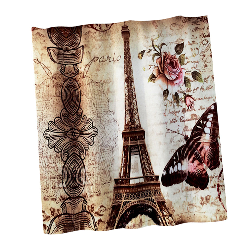 Bath Shower Curtain Bathroom Supply Eiffel Tower/Mountain Stream Print Brown