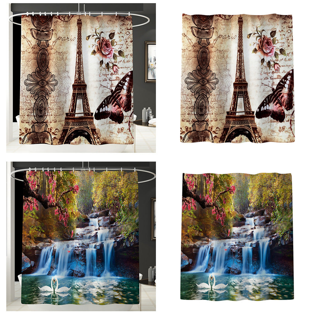 Bath Shower Curtain Bathroom Supply Eiffel Tower/Mountain Stream Print Brown