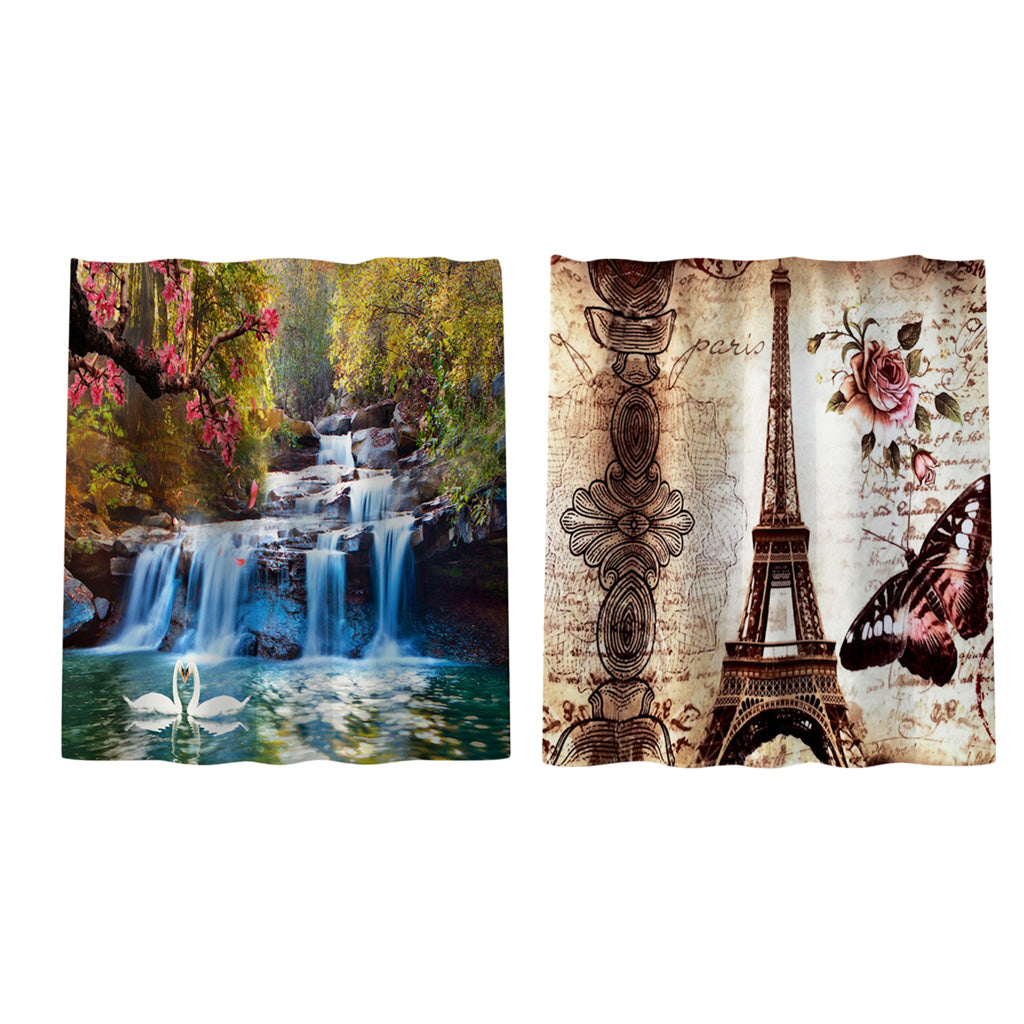 Bath Shower Curtain Bathroom Supply Eiffel Tower/Mountain Stream Print Brown